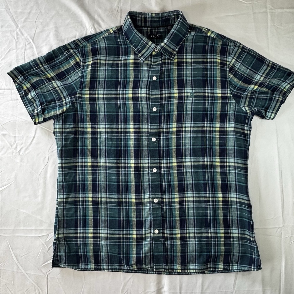 Izod Shirt Men's Size XL Linen‎ Blend Short Sleeve Collar Blue Plaid - Picture 2 of 12